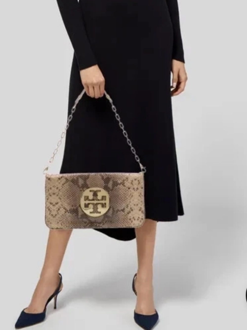 Tory Burch Python-Print Reva Clutch in Beige and Brown with Gold Logo